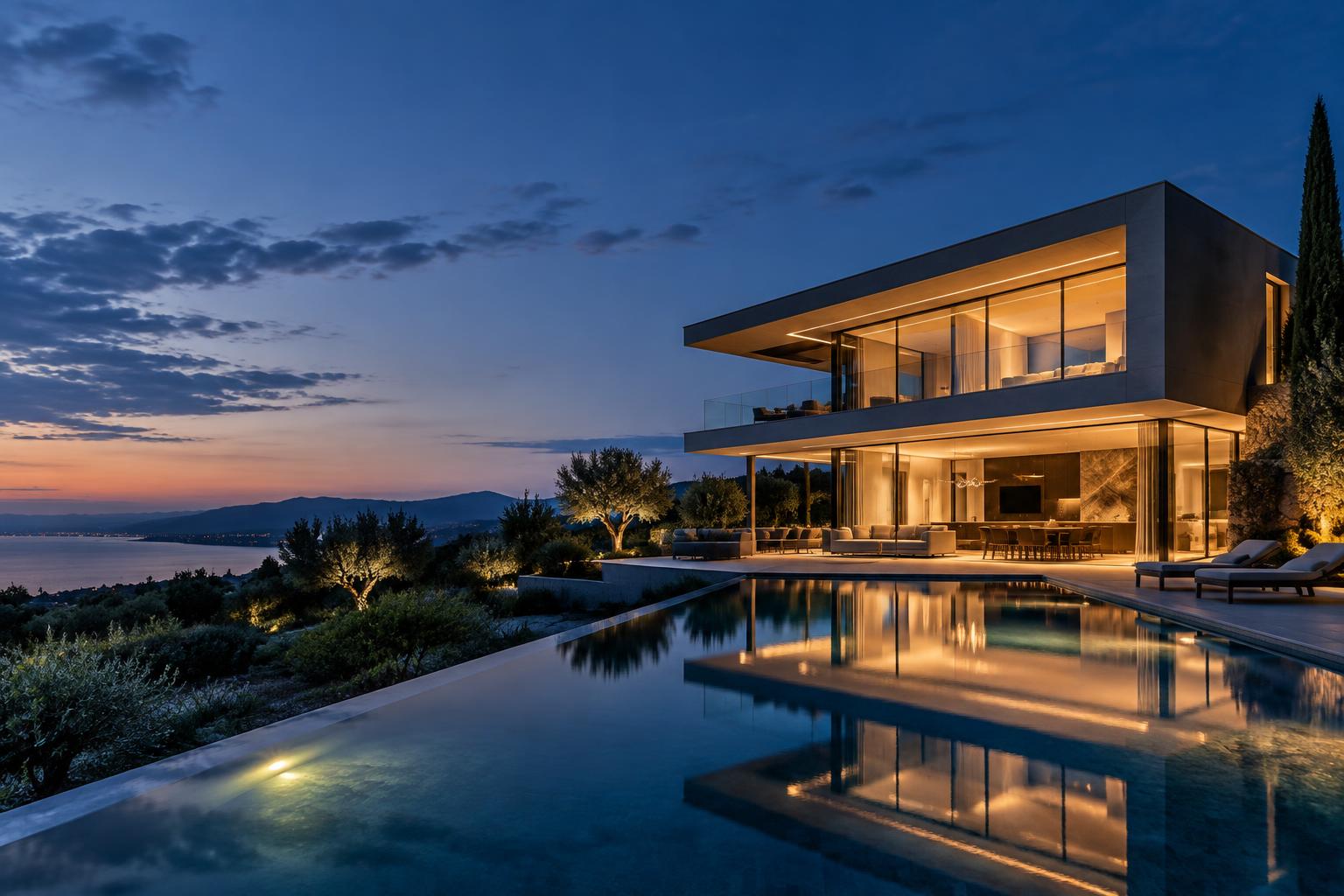 Modern luxury villa illuminated at dusk beside a reflecting pool